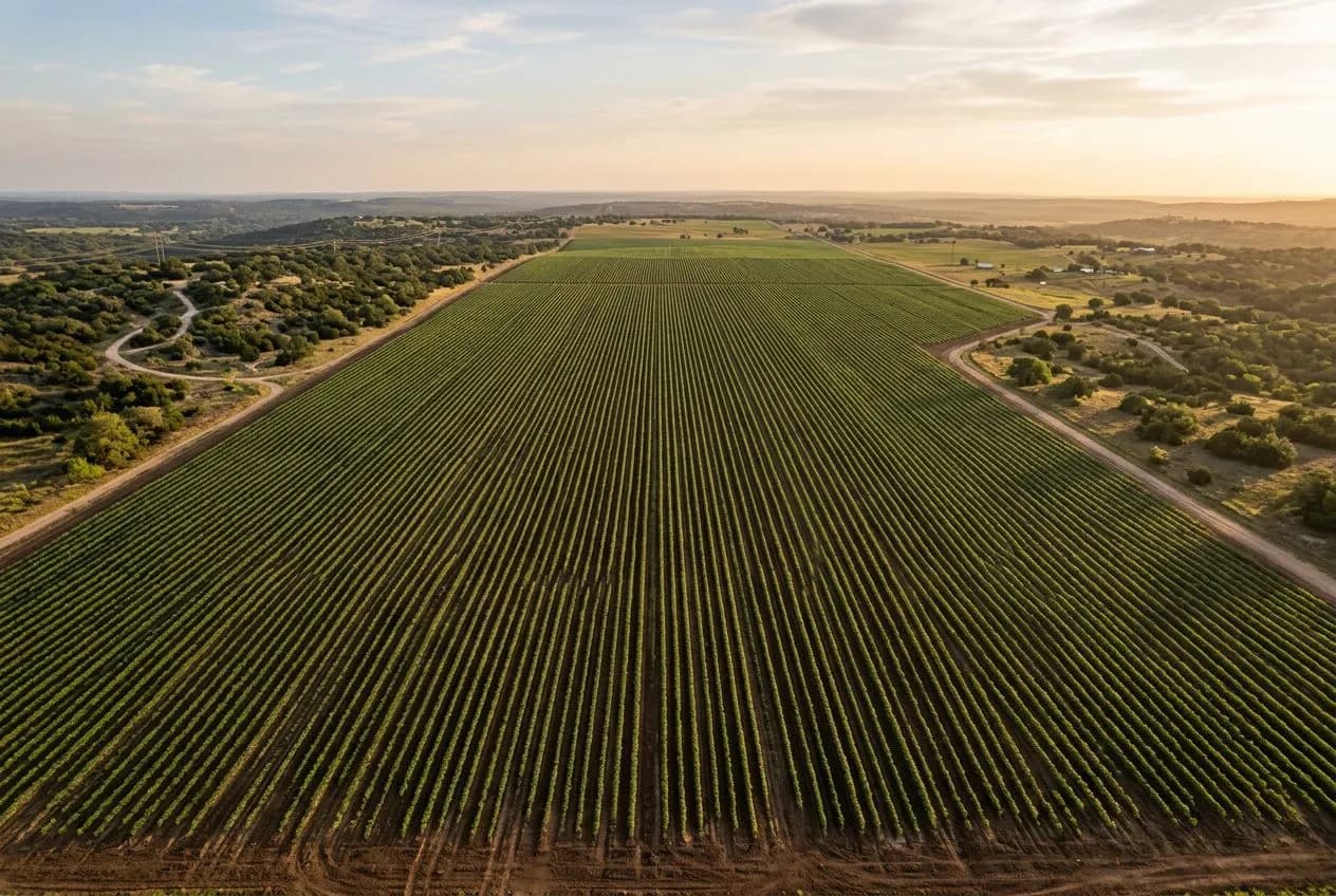 Row-crop field in Texas Hill Country at golden hour with established baseline fertility